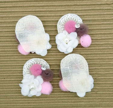 Hand Embroidered White, Pink And Brown Floral Applique, 2 Pcs